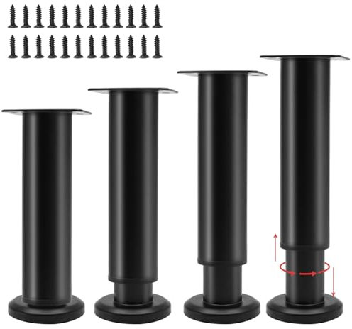 Uenhoy Lot de 4 pieds de meubles réglables en métal robuste de 18 à 30 cm pour chaise, table, commode, canapé, lit, pieds de support de meubles, pieds de rechange de meubles, noir