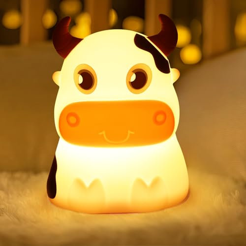 Justup Silikon Nachtlicht, 7 Farben Niedliche Kuh Nacht Licht mit Touch Schalter 3 Stufige Helligkeitseinstellung, Wiederaufladbar, Nachtlampe Dekor Geschenk für Schlafzimmer (Kühe-Batteriebetrieben)