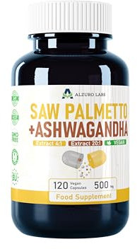 Alzuro Labs Saw Palmetto (Palmier Nain) & Ashwagandha | 500 mg extrait (4:1 et 20:1) | 120 vég capsules | soutien de la prostate, des hormones et du stress | Testé en laboratoire | Certifié GMP