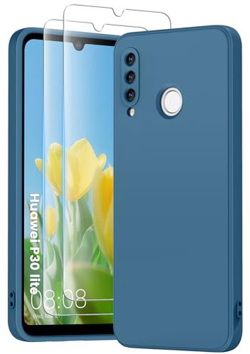PuyaTeya 3 in 1 Hülle für Huawei p30 Lite, mit 2 Stück 9H Panzerglas Liquid Silikon Hülle, mit 4-Layer stoßfeste abriebfestes, Soft Mikrofaserfutter Kratzfes Schutzhülle(bei Nacht Blue)