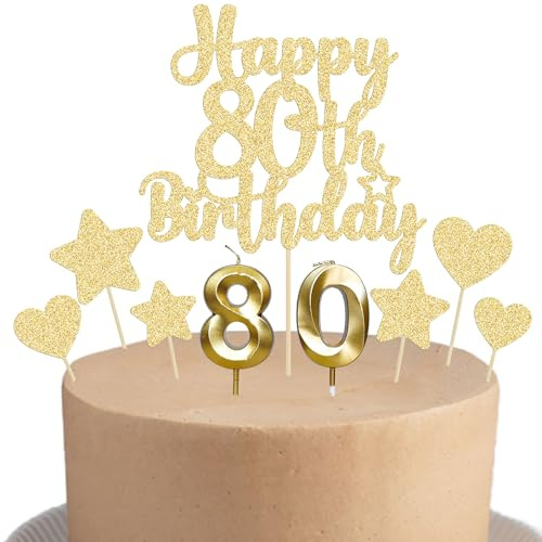 Gyufise 15Pcs Happy 80th Birthday Cake Topper Set with Heart Star Glitter Cheers to 80 Years Cake Picks Number 80 Candles Cake Decorations for Happy 80th Birthday Anniversary Party Supplies Gold
