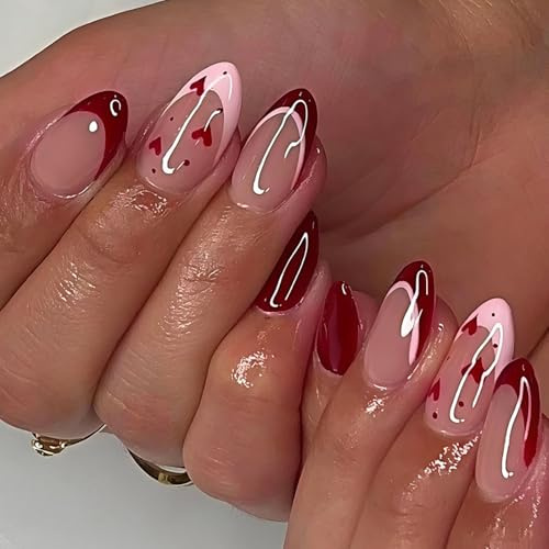 24PC Red & Pink Almond False Nails, Heart Design French Press On Nails, 12 Sizes Almond Shaped Reusable Stick on Nails for Women DIY Manicure for Valentine's Day, Daily Use, Party & Wedding