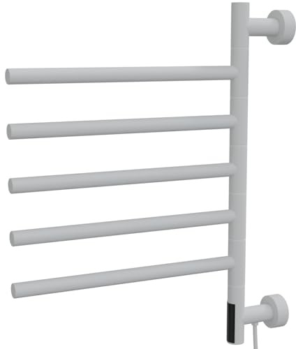 HAGO24 | Elektrischer Handtuchwärmer | Wandmontage | Handtuchtrockner | 5 schwenkbare Arme 180° | Touch Display | Timer 0,5-9h | 75W | IPX4 | Stahl Weiß