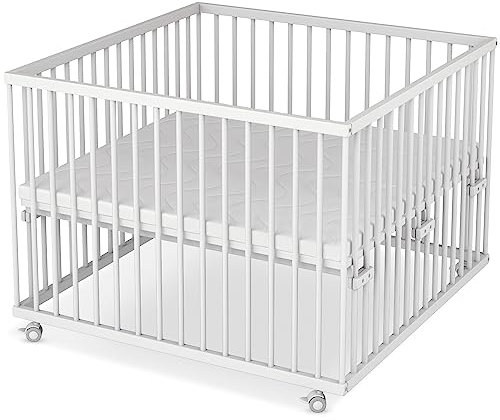 Sämann Laufstall Baby 100x100 cm mit Matratze | TÜV geprüft 2023 | stufenlos höhenverstellbar | Laufgitter Premium | Babybett aus Holz | Krabbelgitter weiß