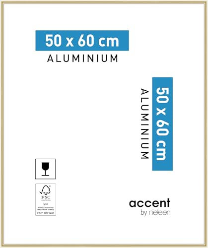 accent by nielsen Bilderrahmen, 50 x 60 cm, Aluminium, Gold glanz, Posterrahmen zum Aufhängen im Hoch- & Querformat, Echtglas, Accent