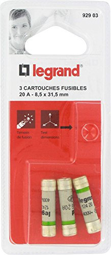 Legrand 092903 Cartouches Fusibles pour Porte-Fusibles avec Témoin, 8.5mm x 31.5mm, 20A, Multicolore