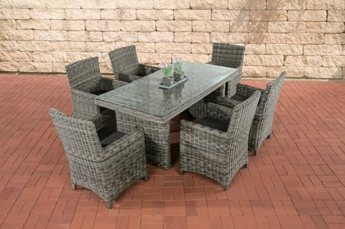 CLP Polyrattan Sitzgruppe Fontana Mit Polsterauflagen | Garten-Set: 1 Esstisch Mit Glasplatte und 6 Stühle, Farbe:grau-meliert, Polsterfarbe:Anthrazit