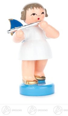 Rudolphs Schatzkiste Engel mit Querflöte stehend, Blaue Flüge Höhe ca 5,5 cm NEU Erzgebirge Weihnachtsfigur Holzfigur