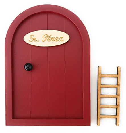 Ratoncito Pérez Puerta Mágica de Madera con Escalera y Felpudo | Incluye Adhesivo | Fácil de Colocar, Decorativa para Niños | Accesorios Habitaciones Infantiles | Granate