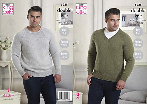 King Cole Mens Double Knitting Pattern Easy Knit Raglan Sleeve Round or V Neck Sweater (5228)