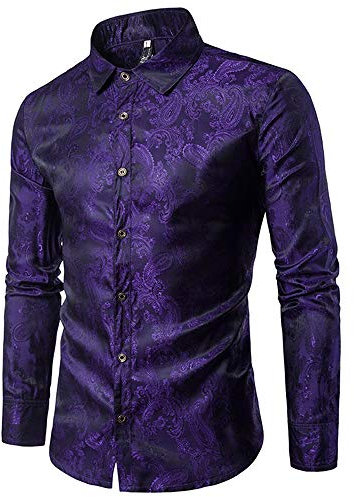 Camicia da Uomo con Motivo Cachemire in Seta Jacquard per Abito da Uomo a Maniche Lunghe con Bottoni e Colletto Viola S