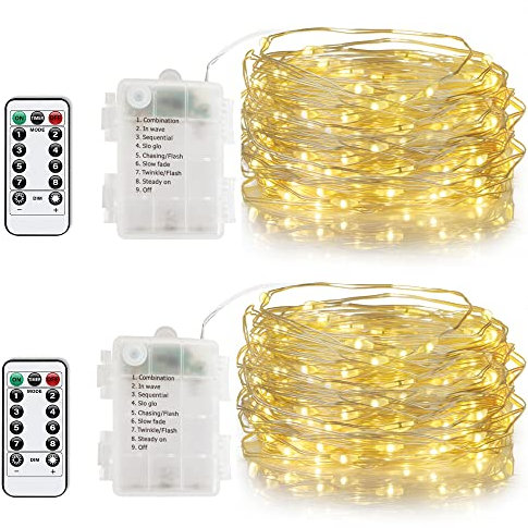 2 pack 10m Lichterkette, Eruibos Fairy Lights Kupfer Batterie mit 8 Modi IP65 Wasserdicht Fernbedienung & Timer Lichterketten für Zimmer Weihnachten Party Deko wohnzimmer Warmweiß