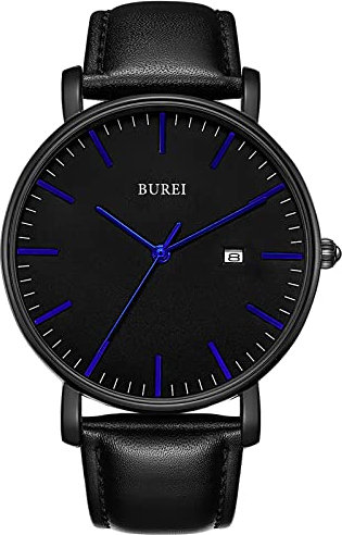BUREI Gypsophila Men's Slim Minimalist Quartz Watch with Date Display and Leather Strap, Silver Nail Silver Background Silver Stud, Bracelet