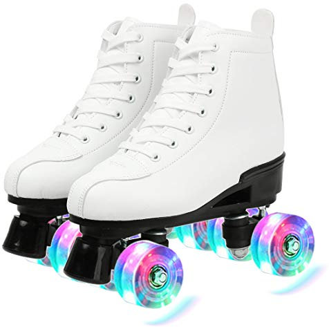 XUDREZ Classic Rollschuhe High Top Double Row Leder Rollschuhe für Damen und Herren, Unisex, Weiß, 9