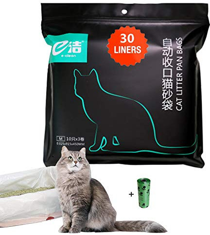 Moliwen Forro para Bandeja de Arena para Gatos con Bolsa con Cordón 1 Paquetes (30 Bolsas), 91.5 × 45 cm,Adecuado para Botes de Basura Medianos y Grandes, Obtenga 1 Rollo Adicional Bolsa de Basura
