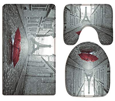 A.Monamour Badezimmer Badematte 3 Teilig Set Eiffelturm Vom Roten Regenschirm Pariser Straße Im Regen Flanell WC Toilette Deckel Deckt Bad Matte Teppich Badteppiche Badvorleger Badgarnitur Vorleger