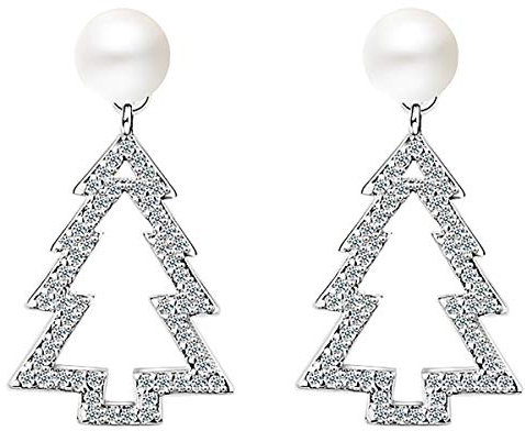 MYA art Damen Ohrstecker mit Perle Kugel Weihnachtsbaum Christbaumkugel Zirkonia Strass Steine Ohrringe Lang glänzend Weihnachts Silber Weiß
