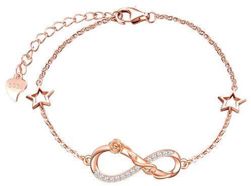 INFINIONLY Bracciale da donna da ragazza, bracciale in argento 925, bracciali con simbolo dell'infinito con fiore rosa, decora diamanti, cuori o stelle, zircone, oro rosa, bracciale fiore rosa