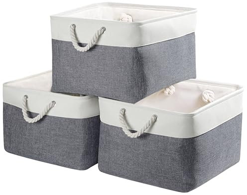 Mangata Extra Large Storage Box set of 3, Canvas Fabric Storage Baskets with Handles for Cupboards, Wardrobe, Shelves, Bathroom, Clothes, Toys, Towel (Foldable, Cold Grey White)