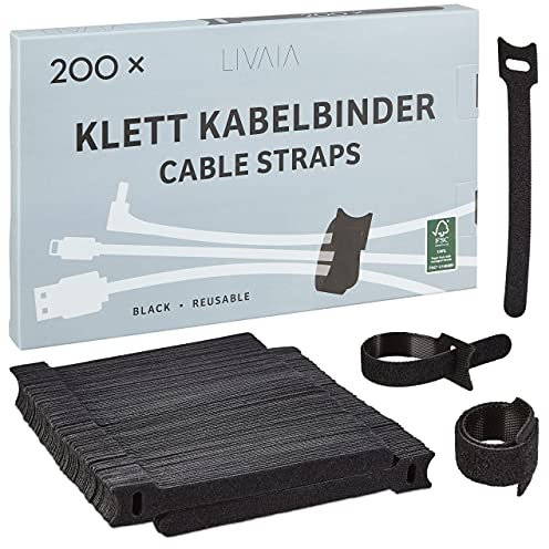 LIVAIA Reusable Black Hook and Loop Cable Ties: 200 x 6in - Heavy Duty, Durable - Ideal for Desk Cable Management