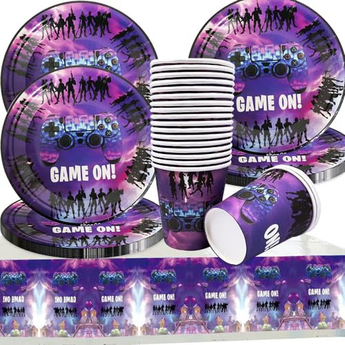Kids Game Party Pack Vajilla de Cumpleaños, 41 pcs Videojuegos Party Supplies Decoraciones, Diseño de Vajilla para Fiestas Incluye Platos, Tazas, Mantel para Fiestas de Videojuegos (20 Invitados)