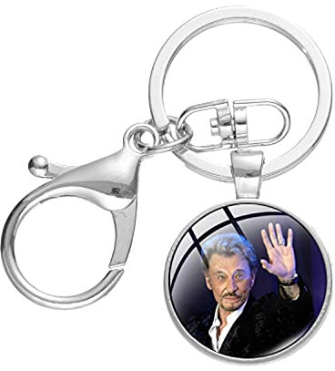 Porte-clés classique Rock Superstar Johnny Hallyday avec pendentif rond en verre imprimé 3D avec fermoir mousqueton