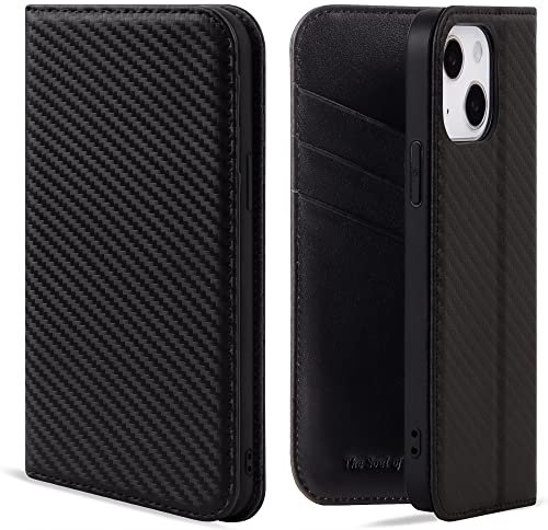 VISOUL iPhone 13 Hülle, Handyhülle [100% Karbonfaser-Leder] [RFID Schutz] [Schützt vor Stoß] [Standfunktion] [Kartenfach] [Magnet], TPU Handytasche Kompatibel für iPhone 13 Schwarz
