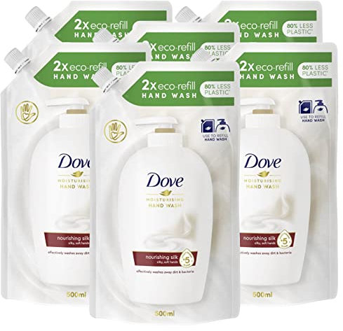 6x Dove Eco-Ricarica Seta Preziosa Detergente Liquido Idratante Sapone Mani Pelle Liscia e Morbida - 6 Ricariche da 500ml