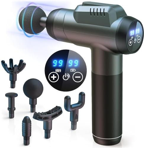 Massage Gun Deep Tissue, 99 Speeds Powerful Percussion Massager with LCD Touch Screen, Handheld Body Massager with 6 Massage Heads for Muscle Pain Relief and Relaxation, Grey