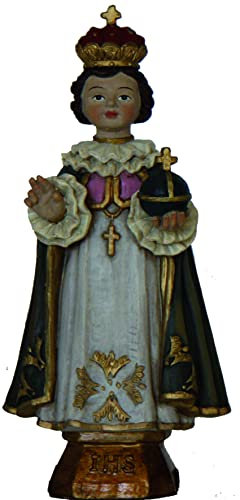 ÖLBAUM Jesuskind Statue, Prager Jesulein, Child-Jesus mit Mantel blau-Weiss, in klassisch-schlichtem Gewand, 12 cm groß, Replik nach dem Original in Prag, Heiligenfiguren HANDBEMALT, Prager Jesulein