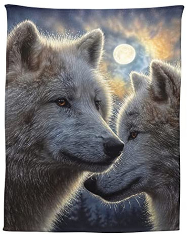 Zomer Kuscheldecke 150x200 cm Gemusterte Decke Weiche Warme Decke als Wohndecke Schlafdecke Tagesdecke oder Sofadecke mit Mondlicht und Wolf