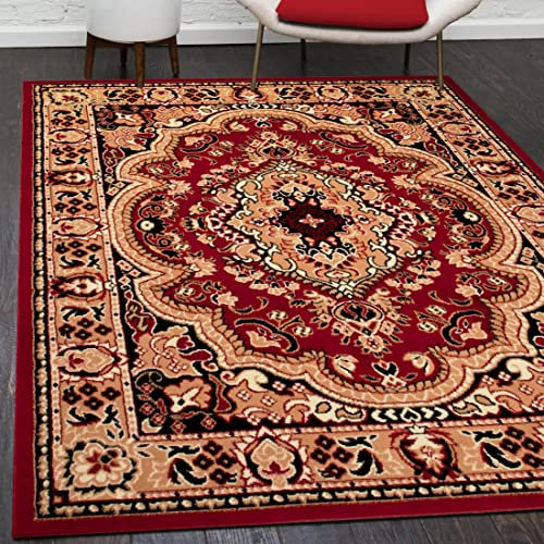 Mazovia Orientalisch Vintage Teppich - Kurzflor - Muster mit Medaillon - Traditioneller Teppich für Wohnzimmer, Esszimmer - ÖKO-TEX Wohnzimmerteppich - Rot 100 x 200 cm