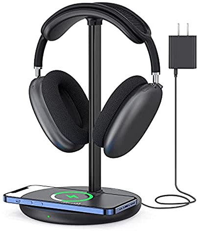 Headphone Stand with Wireless Charger, Gaming Headset Holder Hanger Rack 2 in 1 Wireless Charging Station Dock for iPhone 14/13/12/11 Series, Samsung, AirPods Pro/3/2 and Desk All Headphones, Black