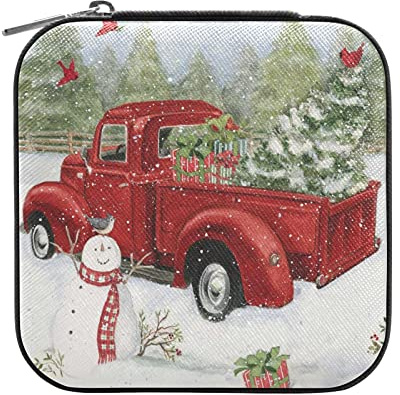 Reise-Schmuckschatulle, Organizer, Weihnachts-LKW, Schneemann, Baum, Vogel, klein, tragbar, für Ring, Ohrringe, Halskette, Armband, PU-Leder, Mini-Schmuck-Aufbewahrungsboxen für Frauen und Mädchen