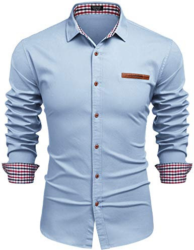 COOFANDY Shirts Mens Long Sleeve Denim Shirt Smart Casual Cotton Button Down Dress Work Shirt Slim Fit Non Iron Cowboy Shirts with Plaid Collar AA-Baby Bule M