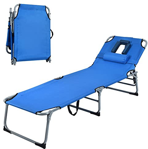 LIFEZEAL Tumbona de Playa Plegable con Respaldo Ajustable en 5 Posiciones, Cama de Exterior con Cojín Desmontable, Tumbona de Jardín Portátil para Piscina, 194 x 60 x 84 cm (Azul.)
