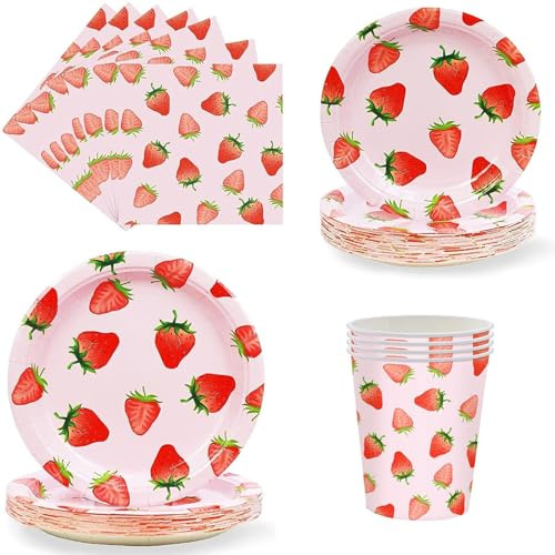 Juego de vajilla desechable para fiesta de fresa, incluye platos y servilletas de fresa, tazas para suministros de fiesta de primer cumpleaños, paquete de fiesta de frutas de verano, picnic, baby