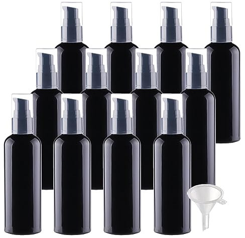 ZEOABSY 12 Pieces 100 ml Black Lotion Bottles with Black Pump, 100ml Empty PET Plastic Lotion Pump Bottle Cosmetic Gel Travel Container for Cosmetic, Make up, Cleaning + 2 x Funnel