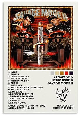 BICHI 21 Savage Poster Savage Mode II, Albumcover-Poster, dekorative Malerei, Leinwand, Wandkunst, Wohnzimmer, Schlafzimmer, Gemälde, 30 x 45 cm