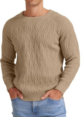 Sailwind Jumpers for Men UK Mens Crew Neck Sweater Casual Cable Knit Jumpers Classic Knitted Warm Pullover (Khaki, L)