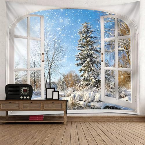 KnSam Weihnachten Schneelandschaft Tapisserie Fenster Bäume und Schneeflocken Wandbehang Wandteppich Wand Deokration Wandtuch für Schlafzimmer Wohnzimmer Dorm Decor, 350x256cm