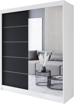 Easy4You P3 180 cm Weiß/Schwarz Schiebetüren Kleiderschrank 180x215x58 cm mit Spiegel - Schlafzimmermöbel, Aufbewahrung - Mehrzweckschrank