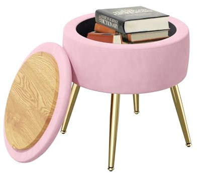 Hawthyhome Hocker Mit Stauraum Runder Sitzhocker Schminktisch Hocker Ottomanrund Gepolsterter Hocker Abnehmbarer Bezug Metallstütze,Rosa