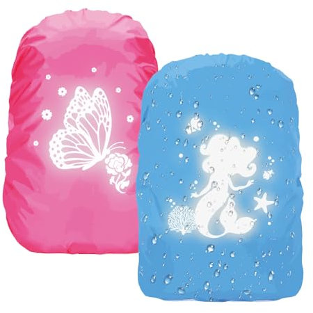 MONCAP 2 Stück Regenschutz Rucksack Regenhülle Schulranzen Regenschutz wasserdichte Regenüberzug mit Meerjungfrau Reflektorstreifen Rucksackschutz für Mädchen Kinder Outdoor Camping Wandern