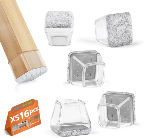 Stuhlbeinkappen Eckig, 16pcs Schutzkappen für Stuhlbeine mit Filz, Bodenschoner für Stühle, Klare Silikon Stuhlbeinschoner Zum Schutz von Böden