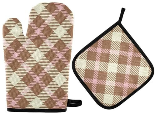 Plaid Fabric Patterns Seamless Kitchen Mitts and Potholders Set Heatproof Pot Holder Gloves Kitchen Aid 2PCS Potholders for Baking Oven BBQ