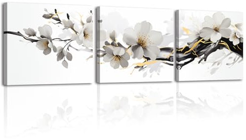 Piy Painting Pfirsichblüten Leinwandbild set, Schwarz Weiß Poster Kunstdrucke, Florale Bilder Blume Wanddekoration Wandbilder für Wohnzimmer, Café und Büro Yoga Raum 3 Stk 30x30cm, mit Innenrahmen