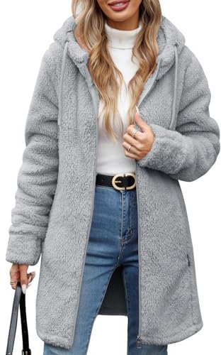 RITOSTA Felpa Pile Donna Lungo Felpe con Cappuccio Cappotto Invernale Giacca Elegante Caldo Giaccone Giubbino Cappotti con Zip Tasche Termica Sweatshirt Manica Lunga Cardigan Hoodie (Grigio,L)