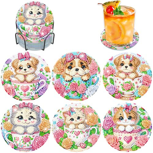 Lxmsja 6 Pcs Dessous de Verre Diamond Painting Chat, sous Verre Diamond Painting Chien, Diamant Peinture Dessous de Verre avec Support, pour Tasses, Verres à Vin, Vases et Cuisine Domestique