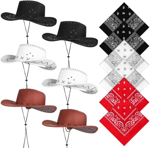 Cowboyhüte mit 6 Stück Bandana, Cowgirl, Cowboy-Kostüm, Hut, Westernhut, Kostümhut, Halloween-Party, Cowboy-Kostüm, Party-Kostüm, Zubehör für Männer und Frauen (Weiß/Schwarz/Rot)